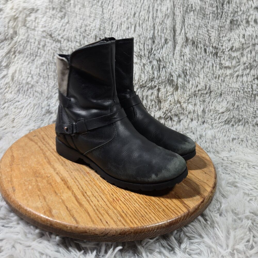 Teva De La Vina Womens Sz 7 Distressed Black Waterproof Leather Ankle Moto Boots